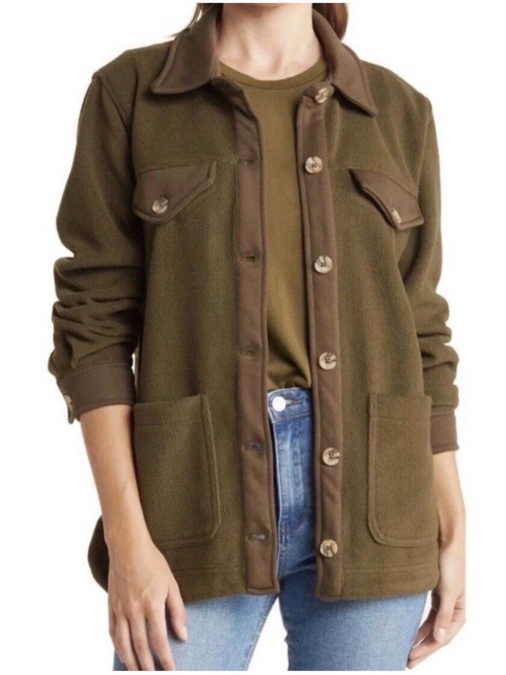 Blank NYC Womens Fleece Shacket Jacket Olive Green Barn Core Sz Small